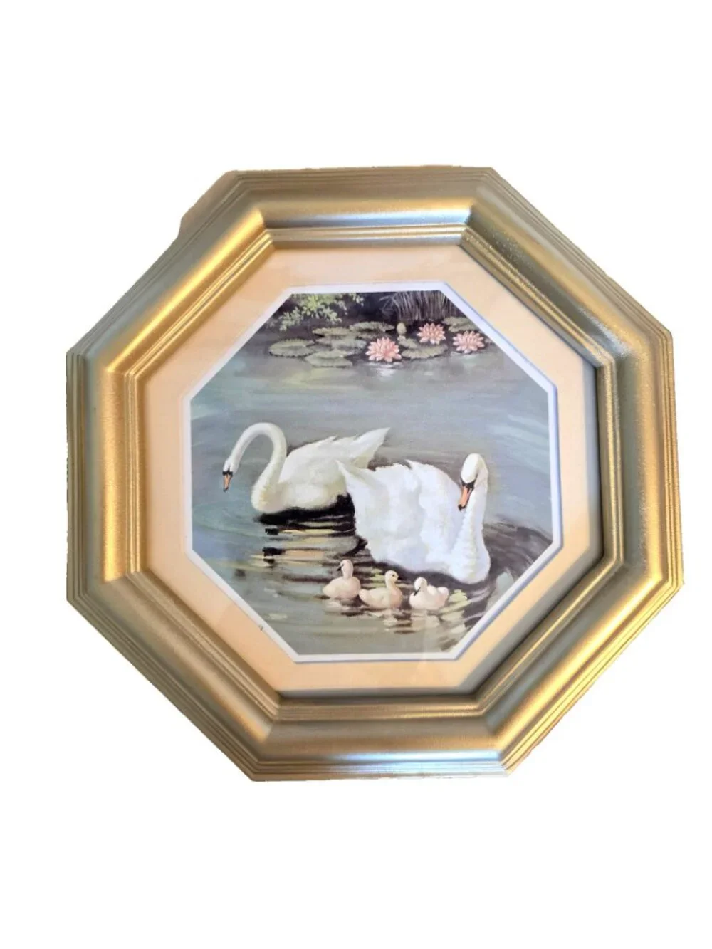 Vintage Swan Wall Art Prints Pair Octagon Gold Frames Cottage Grandmillenial